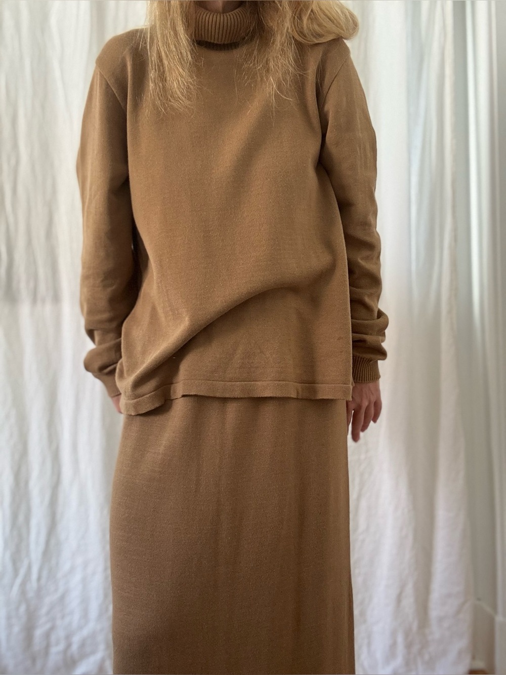 Vintage cotton knit skirt and loose turtleneck sweater set 1990s minimalist